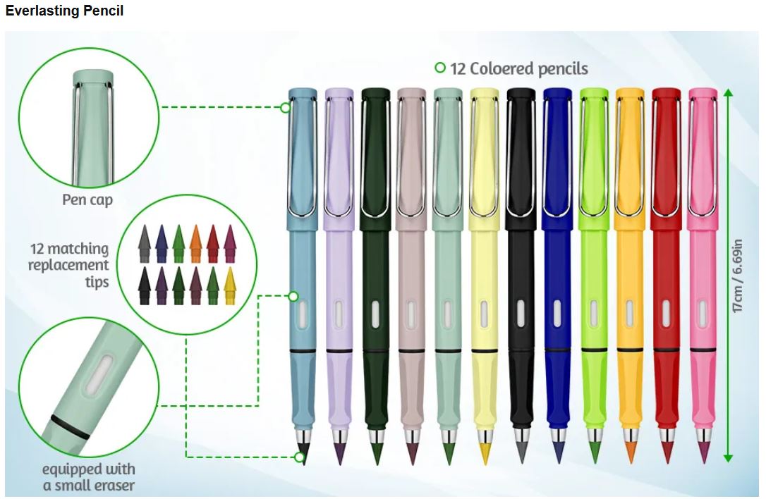 12 Pcs Unlimited/Infinity Magic Color Pencil with Eraser. Replacement Nibs Tree-Friendly Cute Forever Pencil Colors for Kids Writing, Sketch, Drawings Pens Inkless Color Pen Sketching Color Pencil