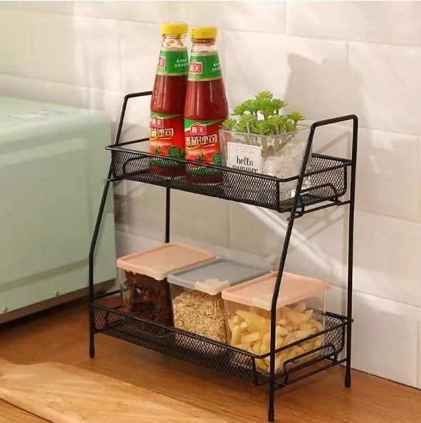 2 Tier Spice rack vegetable Stand Folding Metal Spice Rack for Kitchen Cabinet Bottle Organizer Holder for Kitchen Countertop Jars, Standing Shelf Seasoning Storage, Makeup, kitchen organizer and Bathroom Organizer