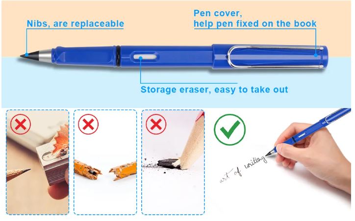 PACK OF 6 Unlimited/Infinity Magic Pencil with Eraser. Replacement Nibs Tree-Friendly Cute Forever Pencil for Kids Writing, Sketch, Drawings Pens Inkless Pen