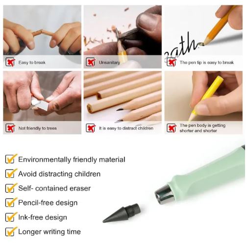 PACK OF 6 Unlimited/Infinity Magic Pencil with Eraser. Replacement Nibs Tree-Friendly Cute Forever Pencil for Kids Writing, Sketch, Drawings Pens Inkless Pen
