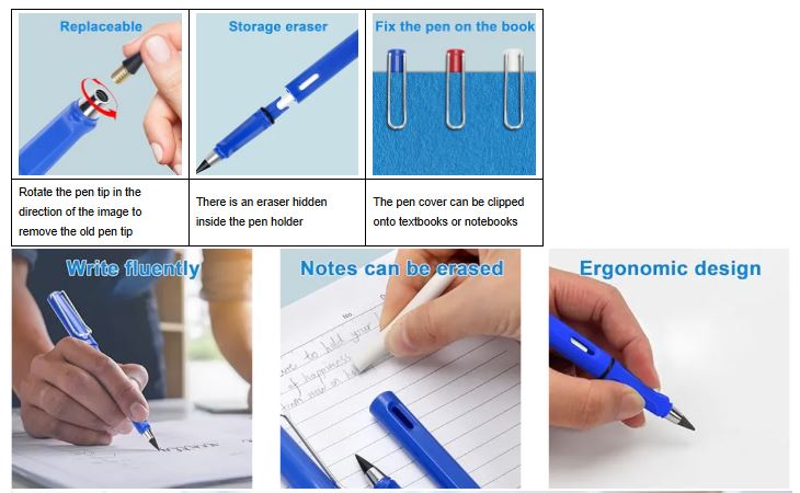 PACK OF 6 Unlimited/Infinity Magic Pencil with Eraser. Replacement Nibs Tree-Friendly Cute Forever Pencil for Kids Writing, Sketch, Drawings Pens Inkless Pen