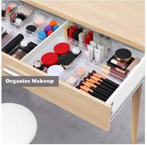 Rectangle Medium Clear Plastic Drawer Organizer, Bathroom and Vanity Drawer Trays, Plastic Lipstick Transparent Jewelry Storage Box Makeup Organizer Holder - Cosmetic Storage for Cosmetic Brush, Eyeliner, Nail Polish