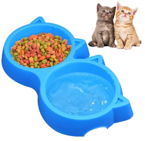 PACK OF 2 Cat Food Bowl Cat Shaped Double Food Bowl Pet Plastic Food Bowl Foodie Puppies Non-Slip, Non-Toxic Pet Feeding Plastic Cat Face Shaped Double Bowl Food & Water Feeder 2-In-1 Bowl For Dogs, Puppies, Cats & Kittens