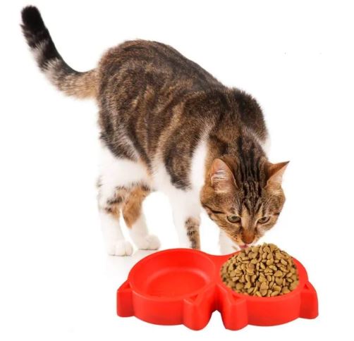 PACK OF 2 Cat Food Bowl Cat Shaped Double Food Bowl Pet Plastic Food Bowl Foodie Puppies Non-Slip, Non-Toxic Pet Feeding Plastic Cat Face Shaped Double Bowl Food & Water Feeder 2-In-1 Bowl For Dogs, Puppies, Cats & Kittens