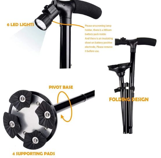 Black Folding Walking Stick with Led Light Portable Aluminium Handle Dependable Professional Walking Stick For Old Gentleman, Old People, Walking Stick For Old Women, Stick For Old Man Walking, Adjustable Walking Cane Base For Hiking Camping