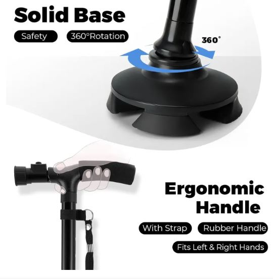 Black Folding Walking Stick with Led Light Portable Aluminium Handle Dependable Professional Walking Stick For Old Gentleman, Old People, Walking Stick For Old Women, Stick For Old Man Walking, Adjustable Walking Cane Base For Hiking Camping