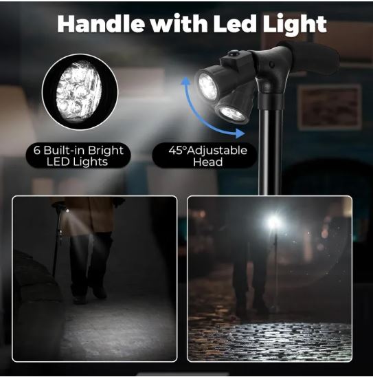 Black Folding Walking Stick with Led Light Portable Aluminium Handle Dependable Professional Walking Stick For Old Gentleman, Old People, Walking Stick For Old Women, Stick For Old Man Walking, Adjustable Walking Cane Base For Hiking Camping