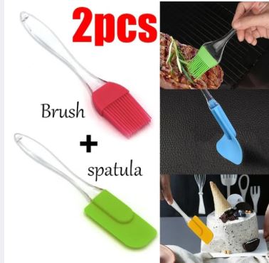 Combo Of 2 - Cake Spatula & Bbq Oil Brush Silicone Brush and Spatula Pair - 2 in 1 set, Baking, Decorating, BBQ