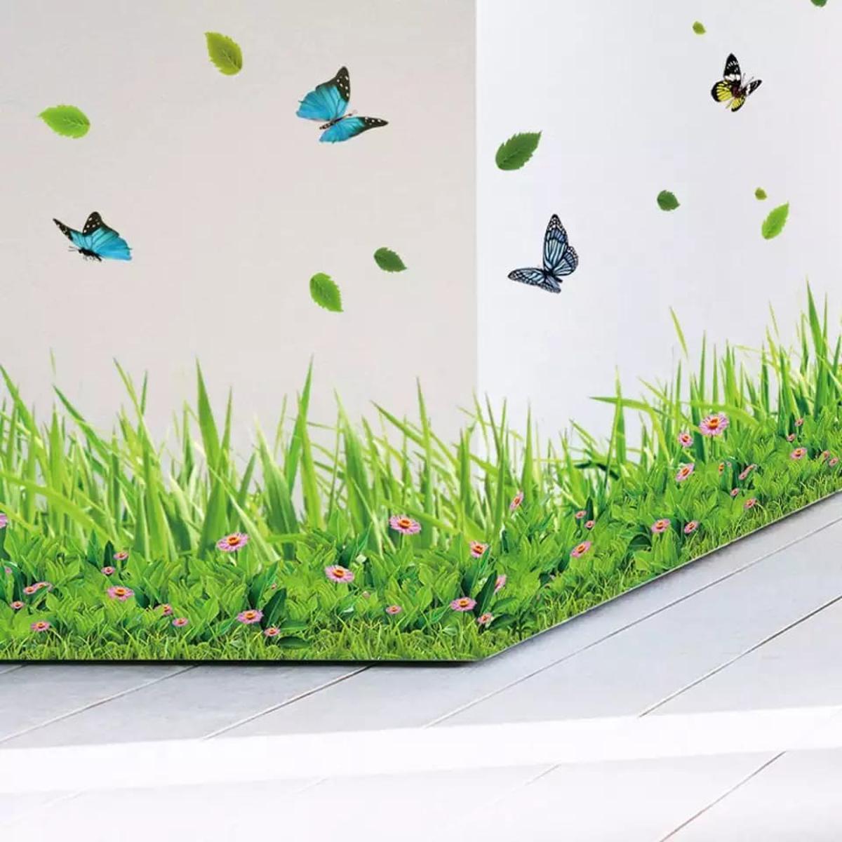 2025 New 3D Fresh Green Plant Removable Green Grass PVC Wall Stickers With Flying Butterfly Home Decor Kids Room Bathroom Mural Kitchen waterproof DIY Removable Art Vinyl Size 40 x 136 CM