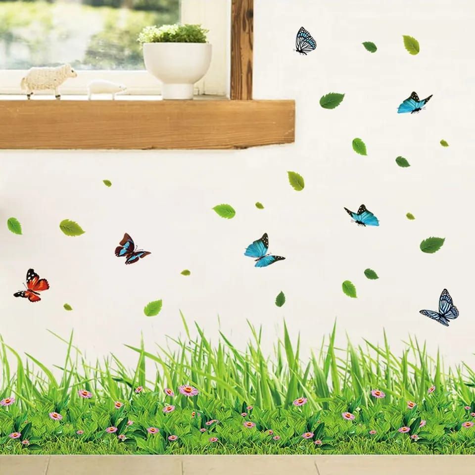 2025 New 3D Fresh Green Plant Removable Green Grass PVC Wall Stickers With Flying Butterfly Home Decor Kids Room Bathroom Mural Kitchen waterproof DIY Removable Art Vinyl Size 40 x 136 CM