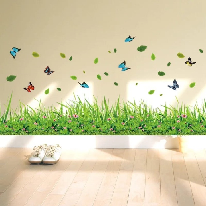 2025 New 3D Fresh Green Plant Removable Green Grass PVC Wall Stickers With Flying Butterfly Home Decor Kids Room Bathroom Mural Kitchen waterproof DIY Removable Art Vinyl Size 40 x 136 CM