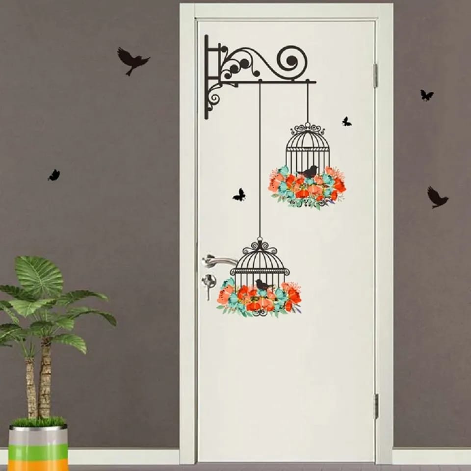Colorful Flower birdcage flying birds wall sticker Creative home decor living room Decals wallpaper bedroom nursery window decor Cherry Super Store