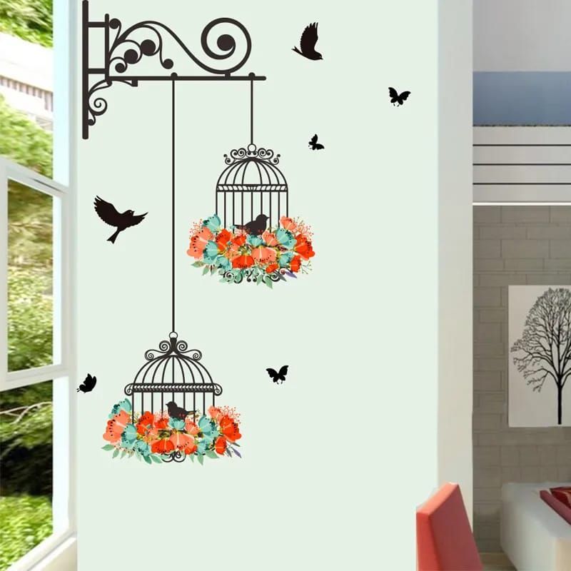 Colorful Flower birdcage flying birds wall sticker Creative home decor living room Decals wallpaper bedroom nursery window decor Cherry Super Store