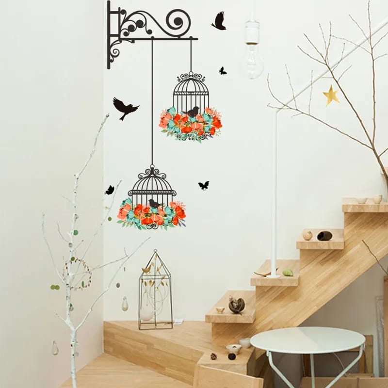 Colorful Flower birdcage flying birds wall sticker Creative home decor living room Decals wallpaper bedroom nursery window decor Cherry Super Store