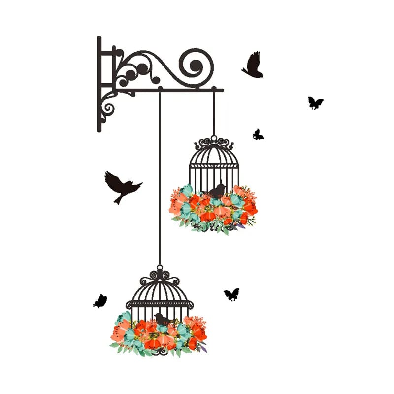 Creative Home Decor Living Room Decals Wallpaper Bedroom Nursery Window Decor Colorful Flower Birdcage Flying Birds Wall Sticker