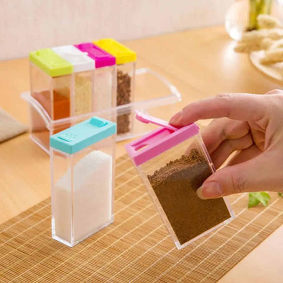 6Pcs/Set Kitchen Spice Bottle Seasoning Box with Tray Condiment Storage Plastic Moisture-Proof Salt Jar for Kitchen Supplies