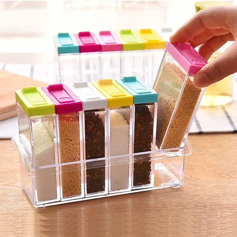 6Pcs/Set Kitchen Spice Bottle Seasoning Box with Tray Condiment Storage Plastic Moisture-Proof Salt Jar for Kitchen Supplies