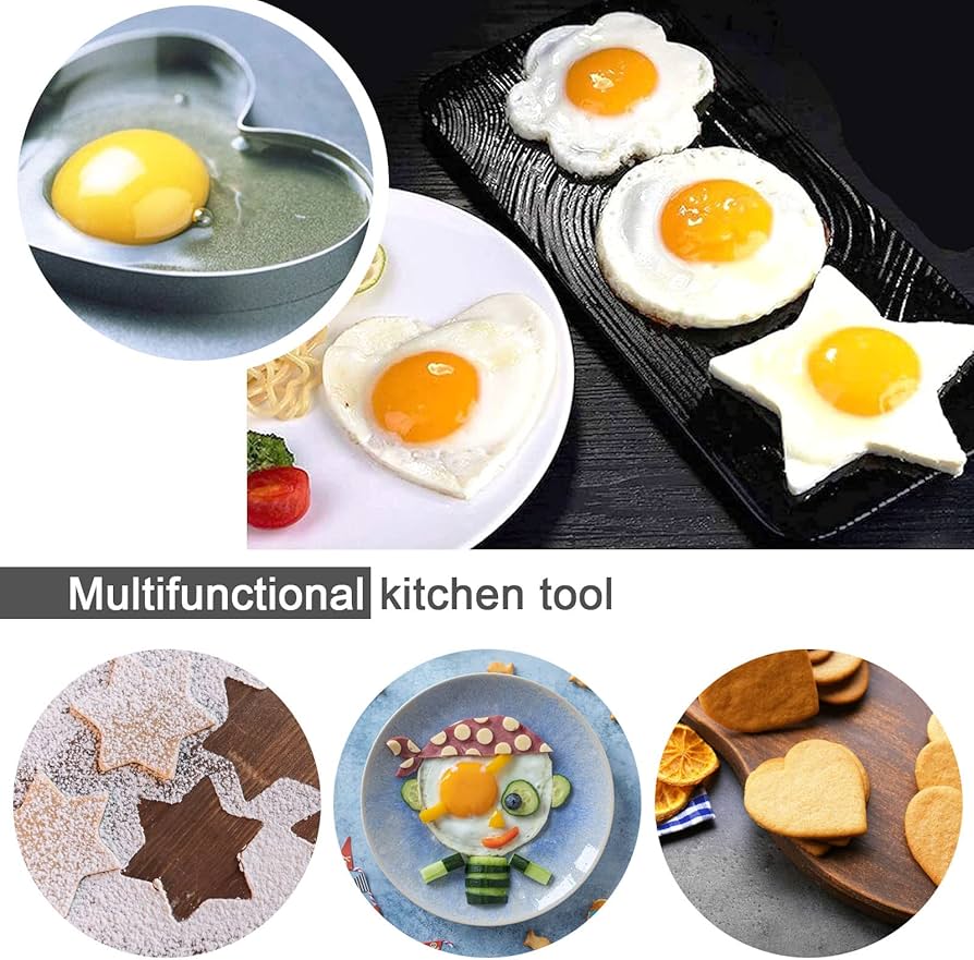 YM Traders Fried Egg Mold, Pack of 4 Stainless Steel Egg Ring Egg Shaper Pancake Mold Heart/Round/Star/Flower Shapes