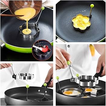 YM Traders Fried Egg Mold, Pack of 4 Stainless Steel Egg Ring Egg Shaper Pancake Mold Heart/Round/Star/Flower Shapes