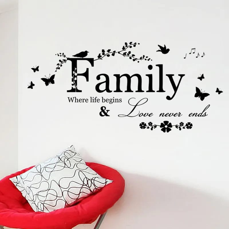 "Celebrate Eternal Love and Unity: Family Love Never Ends Quote Vinyl Wall Sticker – Inspirational Lettering Art Words Stickers for Home Decor, Nursery, Wedding Decoration, and Heartfelt Gifts, Reminding You of the Timeless Bond that Unites Families!"