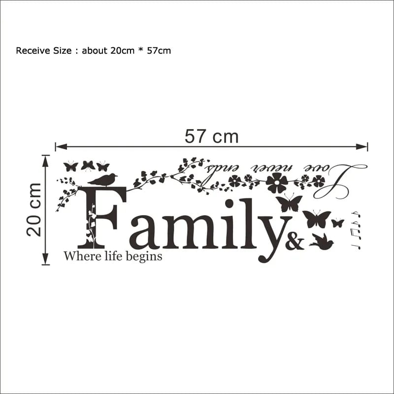 "Celebrate Eternal Love and Unity: Family Love Never Ends Quote Vinyl Wall Sticker – Inspirational Lettering Art Words Stickers for Home Decor, Nursery, Wedding Decoration, and Heartfelt Gifts, Reminding You of the Timeless Bond that Unites Families!"