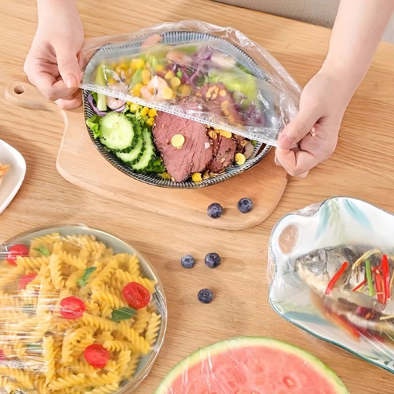 100pcs Food-Grade Disposable Plastic Wrap, Stretchable Cling Film for Bowls, Plates, Fruits, Vegetables - Transparent Kitchen Freshness Covers, Anti-dust Cover