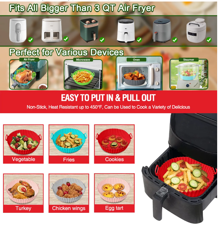 Air Fryer Tray Silicone Liners Square/Round Air Fryer Liners Reusable Airfryer Liners Silicone Pot Oven Liner Baking Tray, Air Fryer Basket Silicone Mat Bowl Air Fryer Accessories Kitchen Silicone Basket Bowl, Silicone Baking Tray Pots Oven Accessories