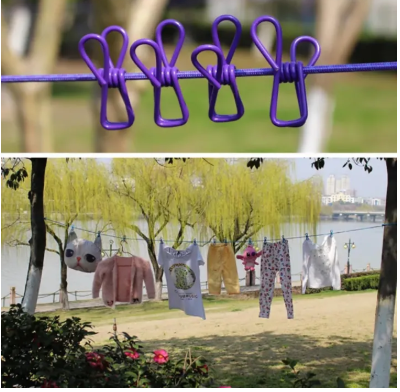 Multi Functional Portable Drying Rope with 12 Clips and 2 Hooks, Travel Clothesline Rope Clothes Kapde Sukhane Ki Rassi Wire Clothes Line Hanging Rope for Travel Home Outdoor Camping Backyard, Vacation Hotel, Balcony Drying