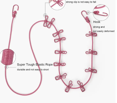 Multi Functional Portable Drying Rope with 12 Clips and 2 Hooks, Travel Clothesline Rope Clothes Kapde Sukhane Ki Rassi Wire Clothes Line Hanging Rope for Travel Home Outdoor Camping Backyard, Vacation Hotel, Balcony Drying