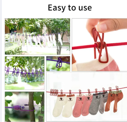 Multi Functional Portable Drying Rope with 12 Clips and 2 Hooks, Travel Clothesline Rope Clothes Kapde Sukhane Ki Rassi Wire Clothes Line Hanging Rope for Travel Home Outdoor Camping Backyard, Vacation Hotel, Balcony Drying