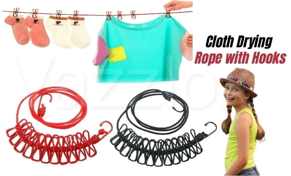 Multi Functional Portable Drying Rope with 12 Clips and 2 Hooks, Travel Clothesline Rope Clothes Kapde Sukhane Ki Rassi Wire Clothes Line Hanging Rope for Travel Home Outdoor Camping Backyard, Vacation Hotel, Balcony Drying