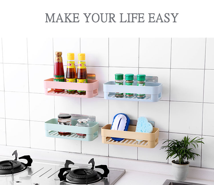 Plastic Bathroom Organize  Kitchen Rack Shower Caddy Basket with Wall Mounted Sticker Tape Storage Holder Hanging Organizer Basket
