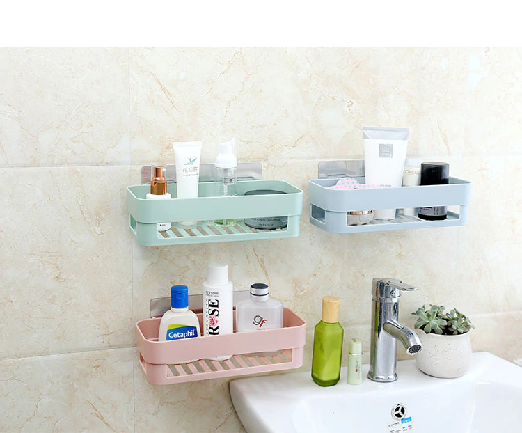 Plastic Bathroom Organize  Kitchen Rack Shower Caddy Basket with Wall Mounted Sticker Tape Storage Holder Hanging Organizer Basket