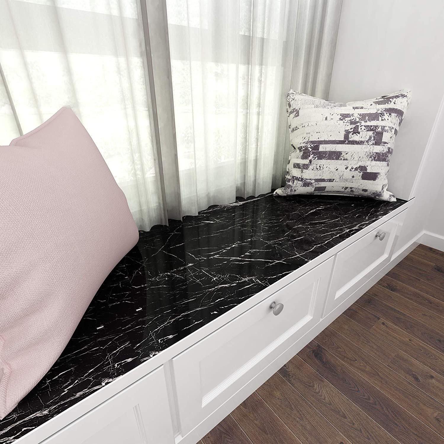 2 Mtr Roll Wall Paper Waterproof Heat Resistant Self Adhesive Black Marble Design Anti Oil Kitchen Wallpaper Marble Sheet for Kitchen Furniture Stickers PVC Wallpaper  Cabinets Gloss Film Vinyl 60x200 cm Marble Wall Sticker Sheet