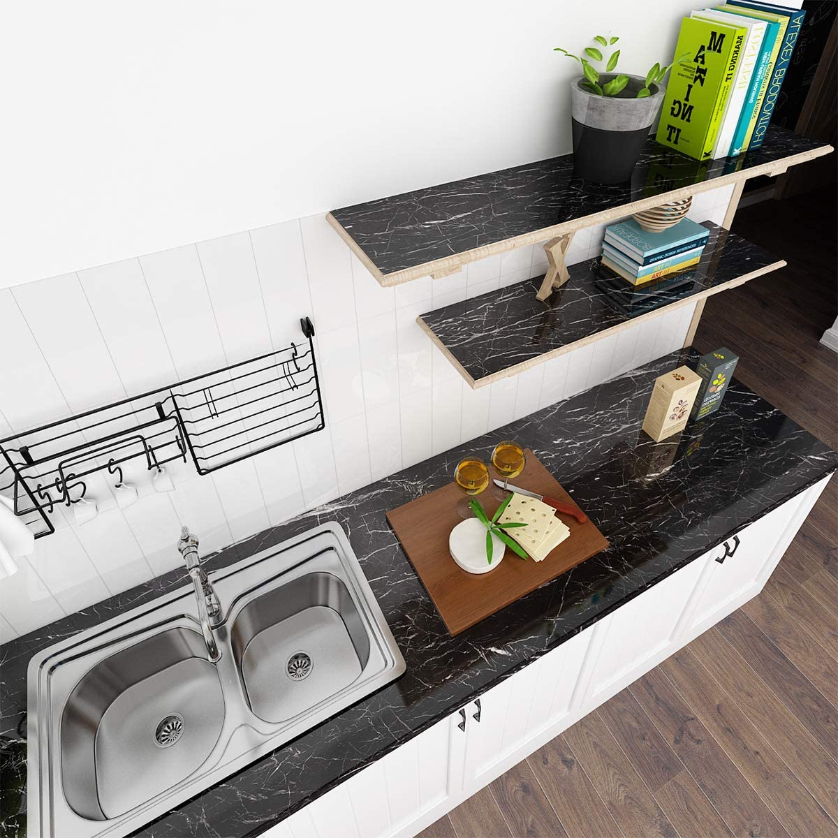 2 Mtr Roll Wall Paper Waterproof Heat Resistant Self Adhesive Black Marble Design Anti Oil Kitchen Wallpaper Marble Sheet for Kitchen Furniture Stickers PVC Wallpaper  Cabinets Gloss Film Vinyl 60x200 cm Marble Wall Sticker Sheet