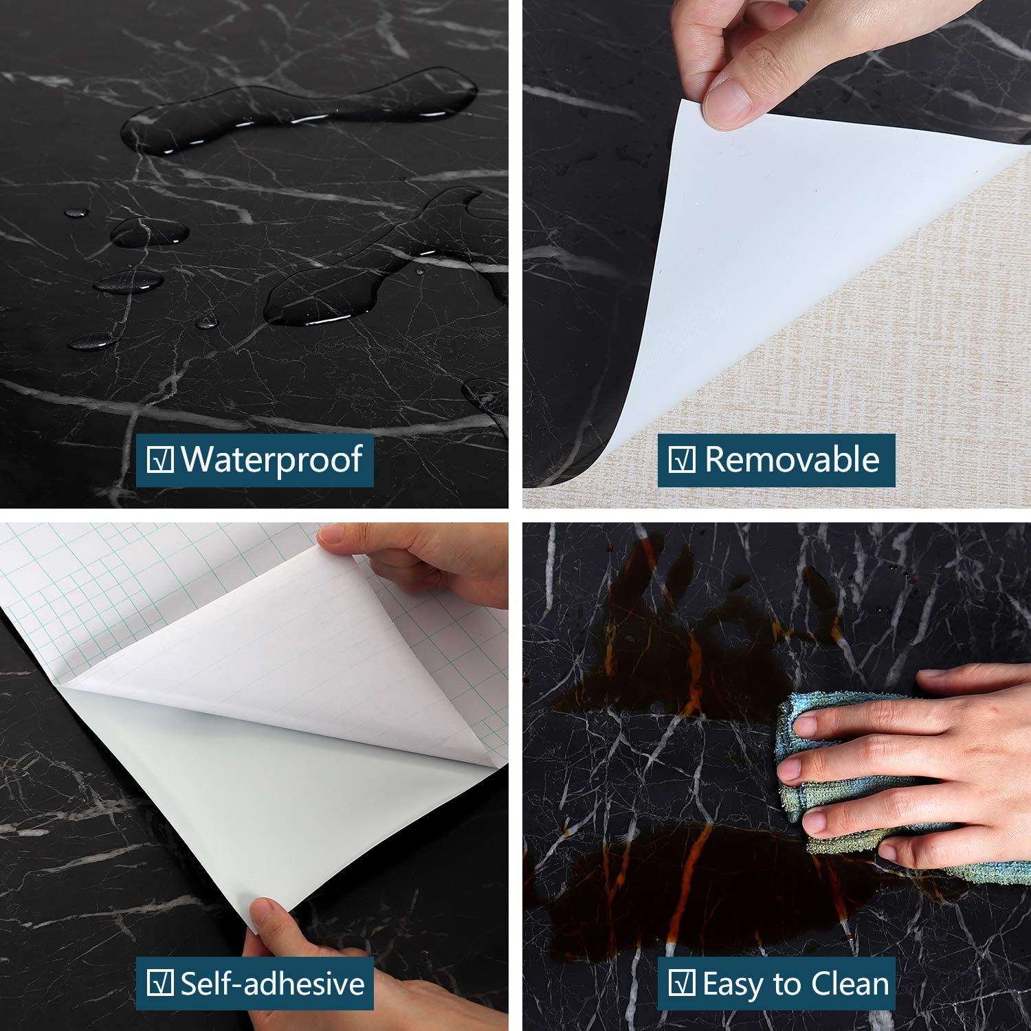 2 Mtr Roll Wall Paper Waterproof Heat Resistant Self Adhesive Black Marble Design Anti Oil Kitchen Wallpaper Marble Sheet for Kitchen Furniture Stickers PVC Wallpaper  Cabinets Gloss Film Vinyl 60x200 cm Marble Wall Sticker Sheet