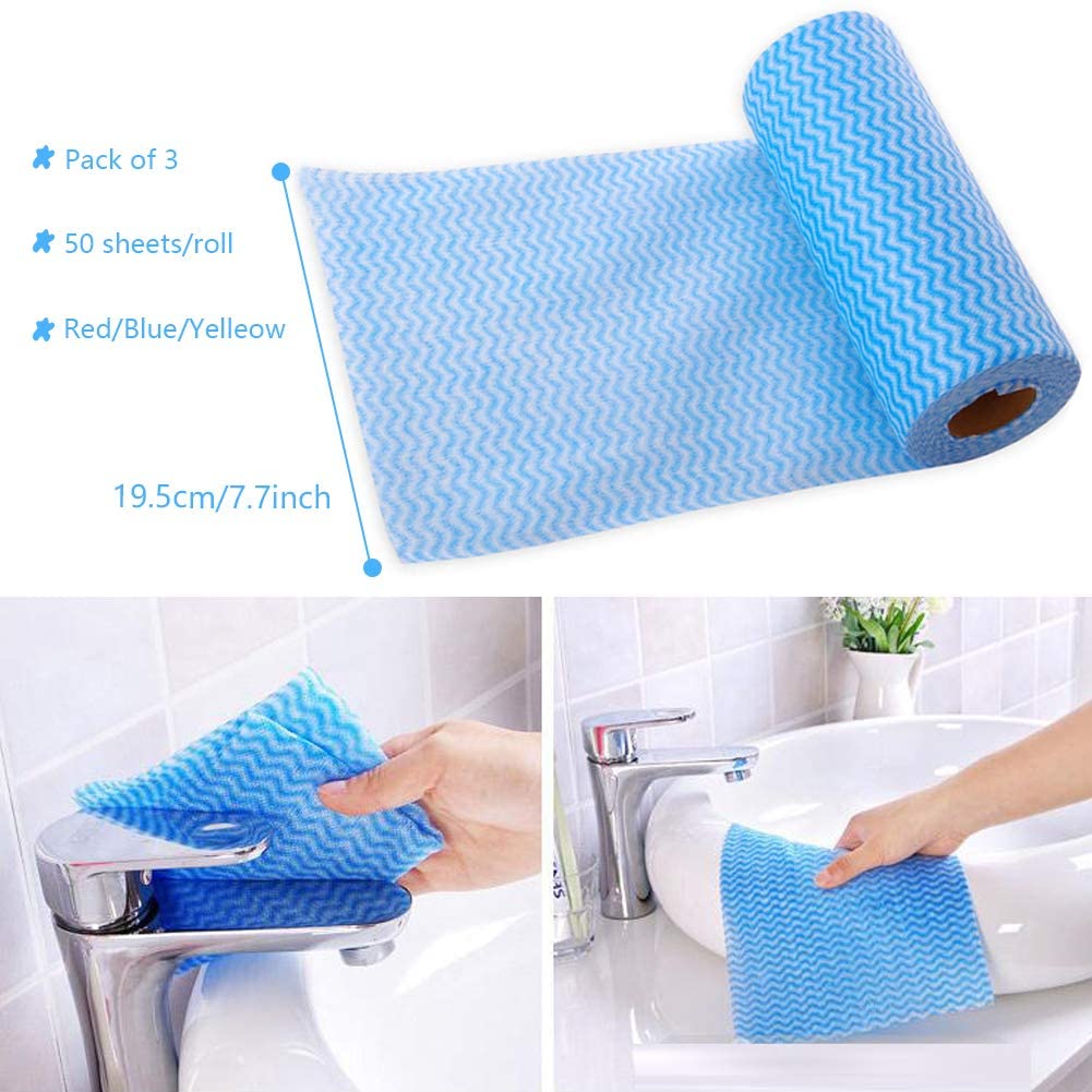 PACK of 2 Kitchen Disposable Cleaning Towels Kitchen Tissue Roll, Light Thin Nonwoven Cloth Reusable Dish Cloth Napkin Rag, Cleaning Wipe for Home Bathroom Office Bedroom Clean Up Hand Drying, 50 Sheets/Roll, Random Color