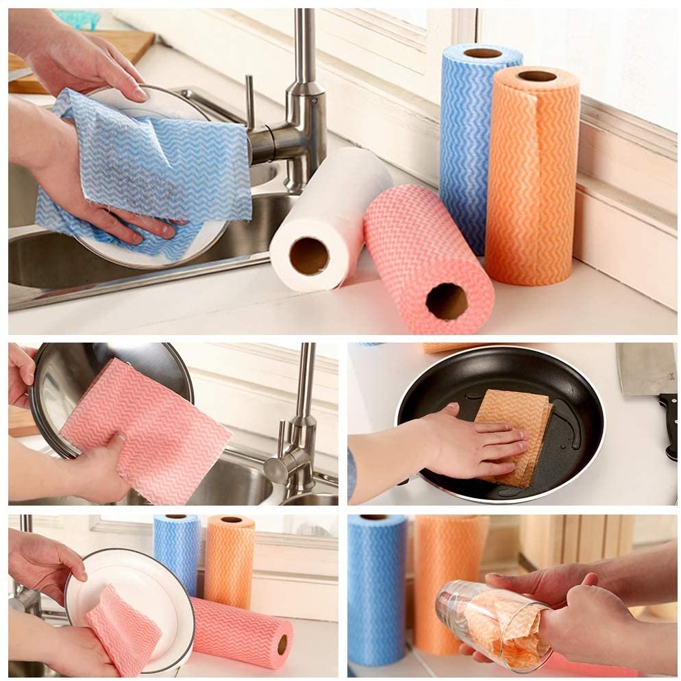 PACK of 2 Kitchen Disposable Cleaning Towels Kitchen Tissue Roll, Light Thin Nonwoven Cloth Reusable Dish Cloth Napkin Rag, Cleaning Wipe for Home Bathroom Office Bedroom Clean Up Hand Drying, 50 Sheets/Roll, Random Color