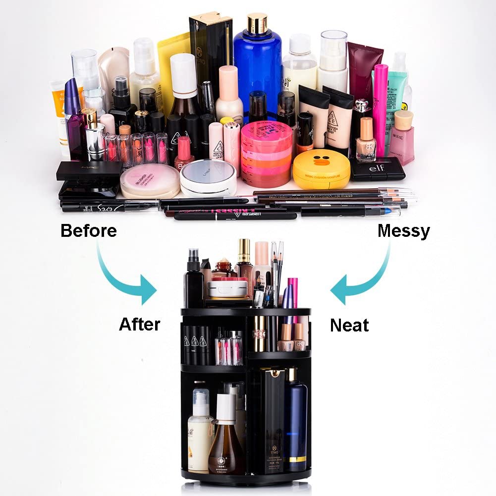 Cosmetics Makeup Organizer 3D Rotating 360 Degree Spinning Moving Make up Storage Rack Adjustable Assembly Skin Care Holder Bathroom Display Case Non Breakable Black Plastic Dresser Lipstick Skin Care Products Caddy Shelf