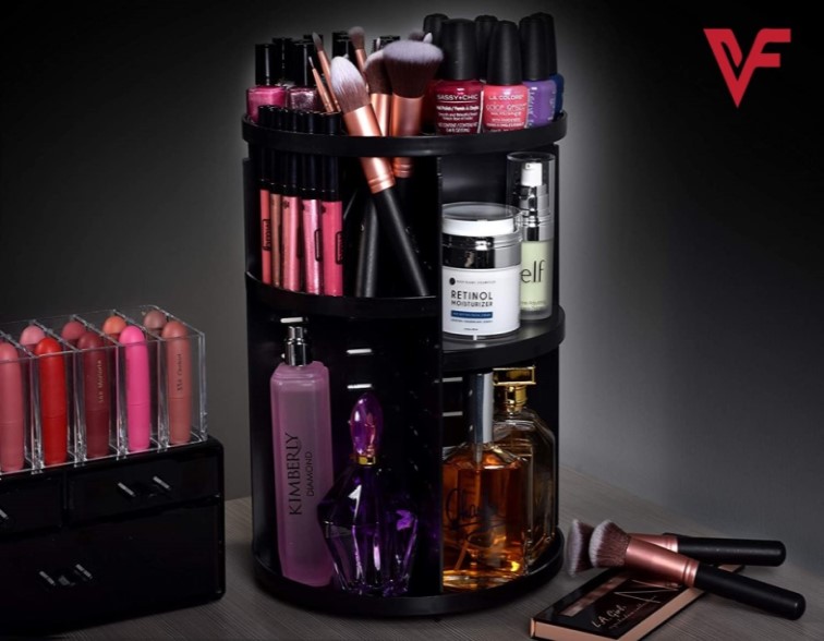 Cosmetics Makeup Organizer 3D Rotating 360 Degree Spinning Moving Make up Storage Rack Adjustable Assembly Skin Care Holder Bathroom Display Case Non Breakable Black Plastic Dresser Lipstick Skin Care Products Caddy Shelf