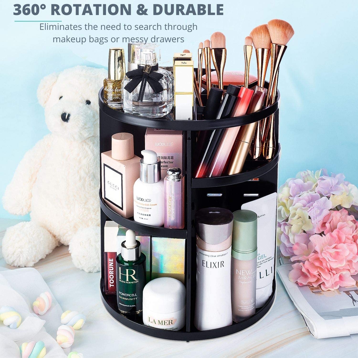 Cosmetics Makeup Organizer 3D Rotating 360 Degree Spinning Moving Make up Storage Rack Adjustable Assembly Skin Care Holder Bathroom Display Case Non Breakable Black Plastic Dresser Lipstick Skin Care Products Caddy Shelf