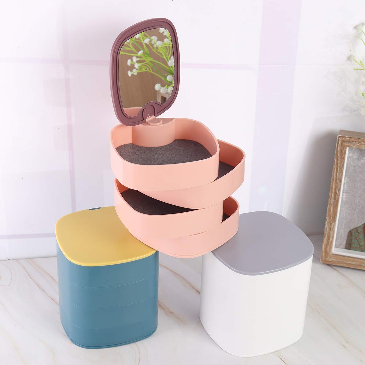 360° Rotating Jewelry Storage Box 4 Layers Portable Travel Jewellery Holder Jewellery Accessory Organizer Necklaces Bracelets Rings Earrings Holder with Mirror For Girl Women