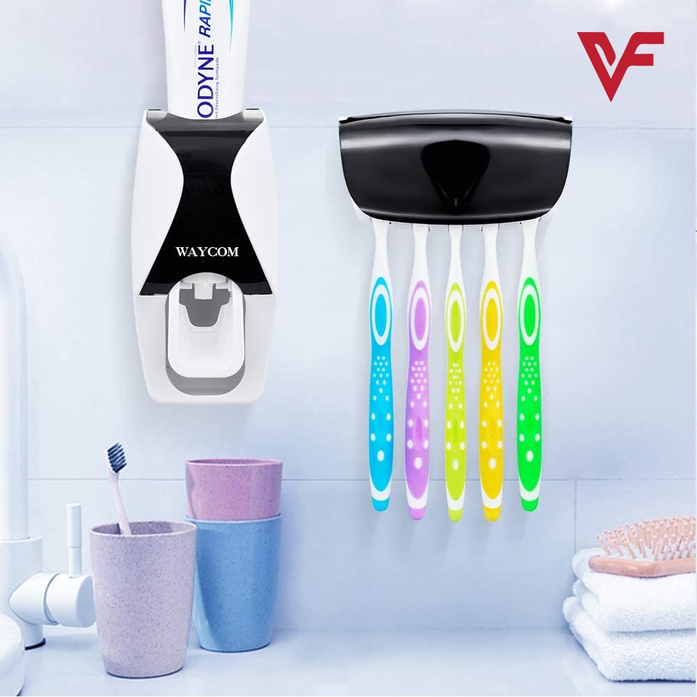 Plastic Set of Toothpaste Dispenser & Toothbrush Holder - White Automatic Tooth paste Dispenser and Tooth brush Holder Set  Wall Mounted Toothpaste Dispenser with 5 Toothbrush Holder Set  Toothpaste Squeezing Machine  Tooth brush Holder