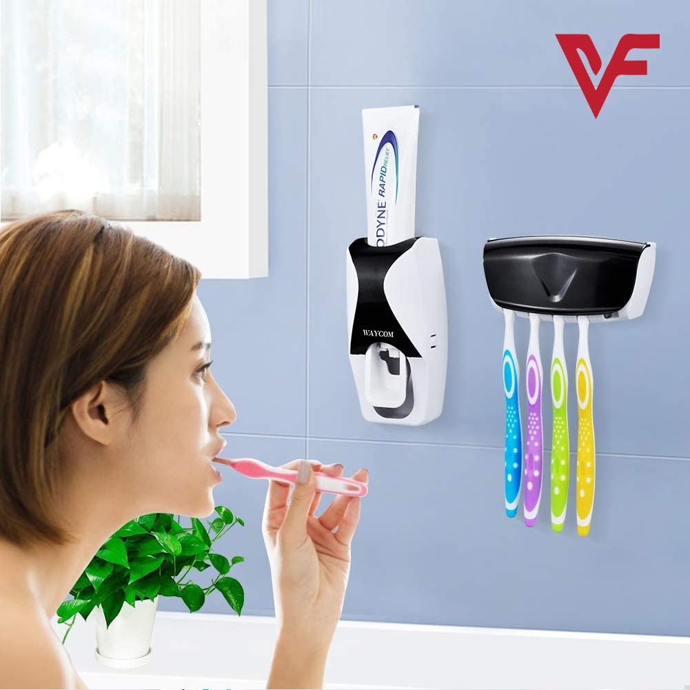 Plastic Set of Toothpaste Dispenser & Toothbrush Holder - White Automatic Tooth paste Dispenser and Tooth brush Holder Set  Wall Mounted Toothpaste Dispenser with 5 Toothbrush Holder Set  Toothpaste Squeezing Machine  Tooth brush Holder