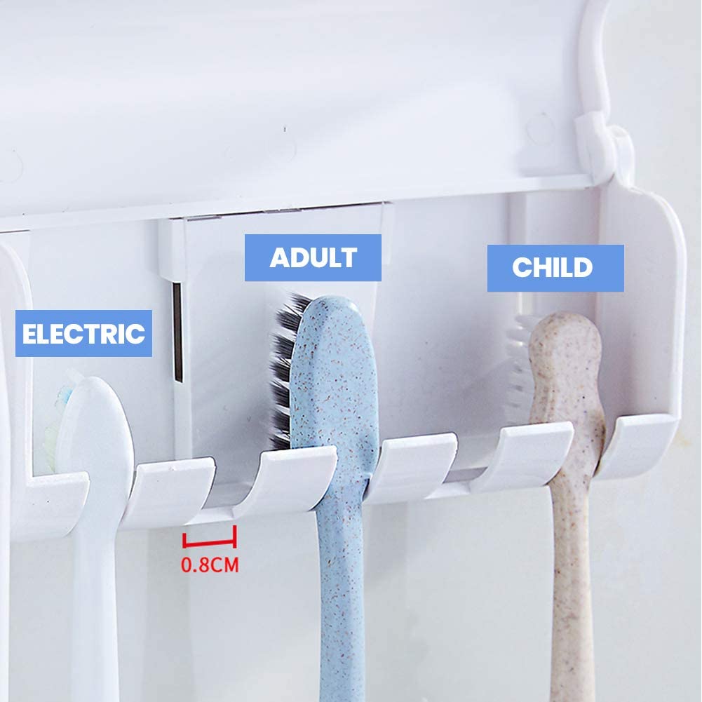 Plastic Set of Toothpaste Dispenser & Toothbrush Holder - White Automatic Tooth paste Dispenser and Tooth brush Holder Set  Wall Mounted Toothpaste Dispenser with 5 Toothbrush Holder Set  Toothpaste Squeezing Machine  Tooth brush Holder