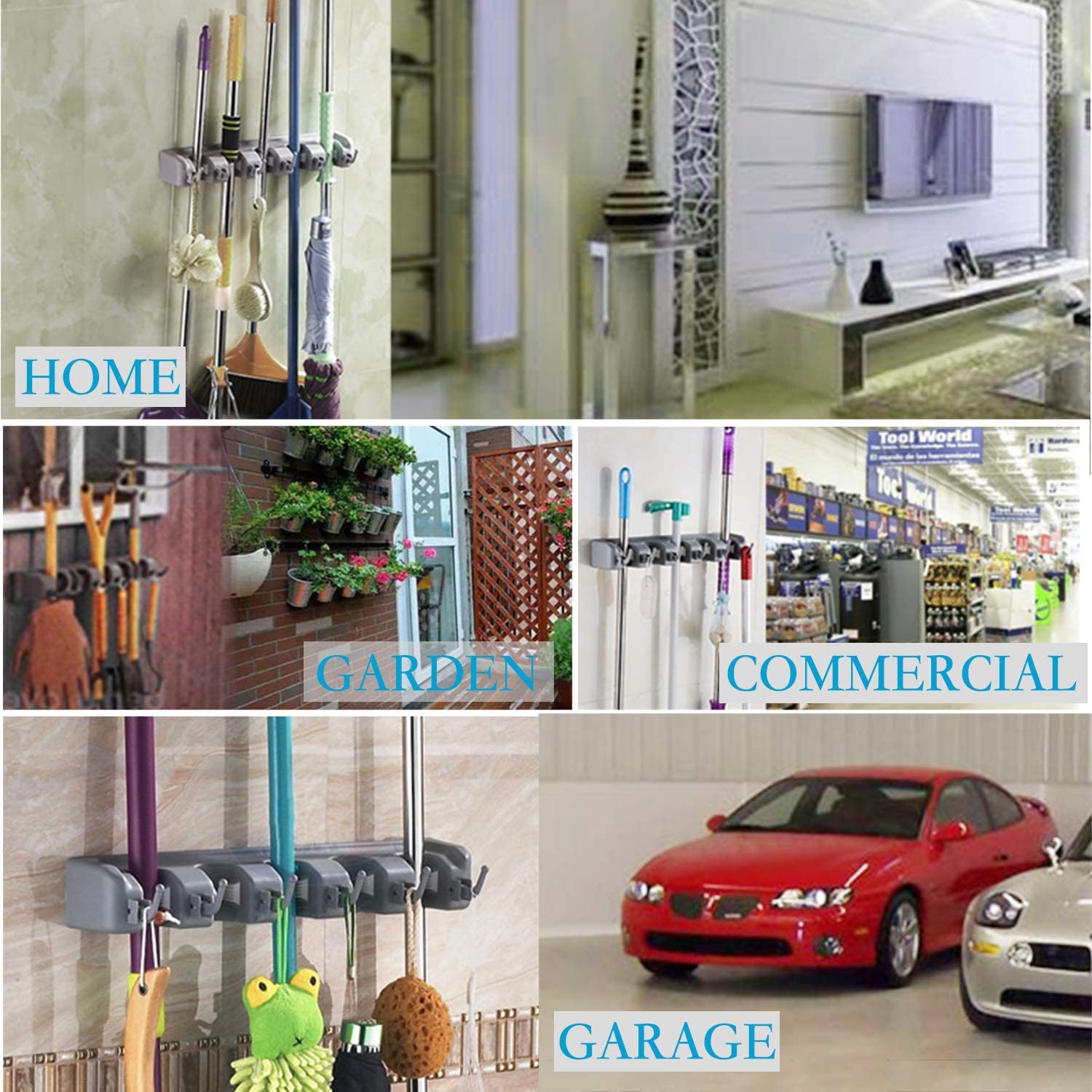 Mop And Broom Holder Wall Mount Heavy Duty Broom Holder Wall Mounted Or Tool Organizer For Home Garden Garage And Storage (5 Positions With 6 Hooks)
