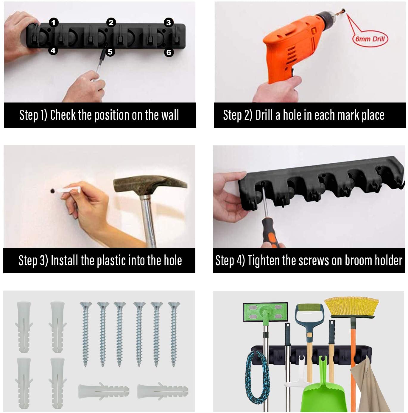 Mop And Broom Holder Wall Mount Heavy Duty Broom Holder Wall Mounted Or Tool Organizer For Home Garden Garage And Storage (5 Positions With 6 Hooks)