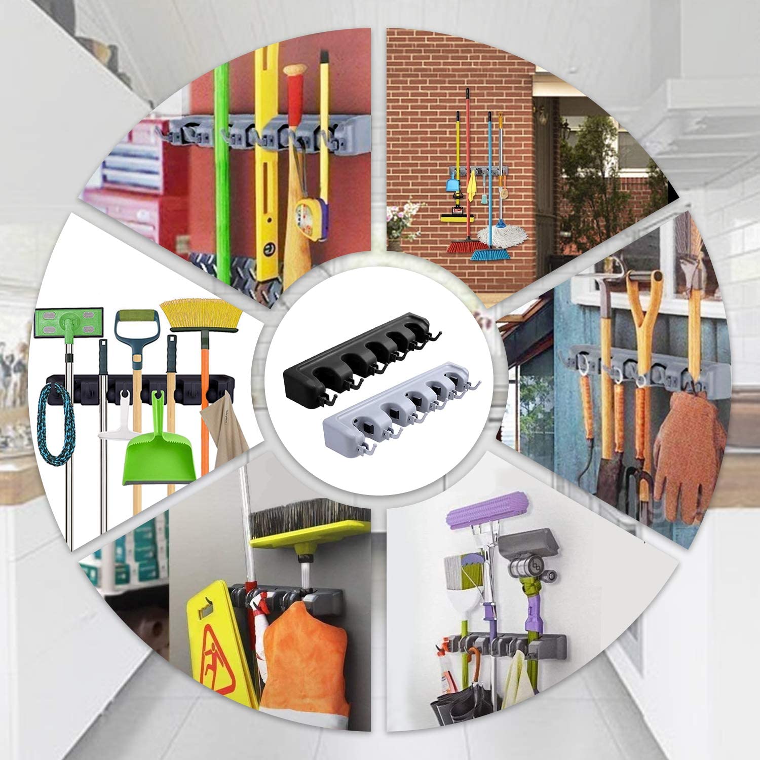 Mop And Broom Holder Wall Mount Heavy Duty Broom Holder Wall Mounted Or Tool Organizer For Home Garden Garage And Storage (5 Positions With 6 Hooks)