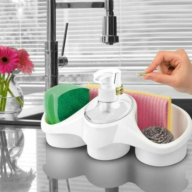 3 In 1 Plastic Dish Soap Dispenser with Sponge Holder For Kitchen Sink Bathroom Counter Storage And Organization Hand Soap Dispenser Pump Bottle Caddy Organizer Holds And Stores Sponges, Scrubbers Liquid Soap Pump Dispenser For Bathroom, Kitchen Sinks