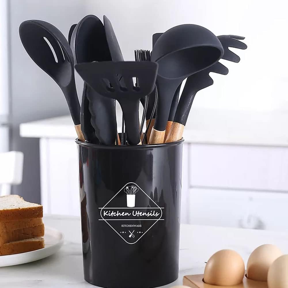 12 Pcs Silicone Cooking Utensils Kitchen Utensil Set Heat Resistant Non-Toxic BPA Free Spatula Set with Turner Tongs,Spoon,Brush,Whisk-Wooden Handles Kitchen Gadgets Tools Set for Nonstick Cookware